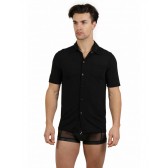 Chemise noire manches courtes boutons pression carrés