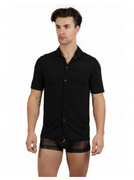 Chemise noire manches courtes boutons pression carrés