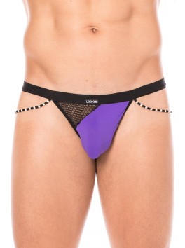 String violet opaque et résille noire avec cordelettes cotés
